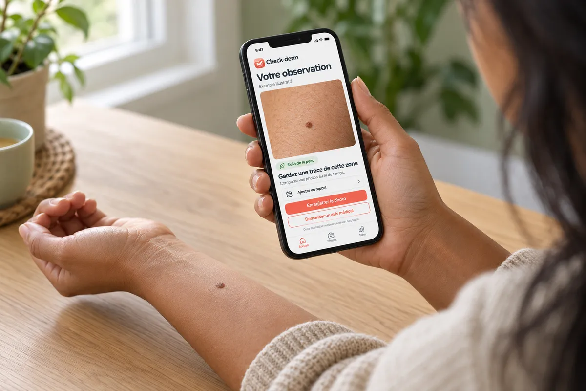 Une personne consulte une observation illustrative dans l’application check-derm.