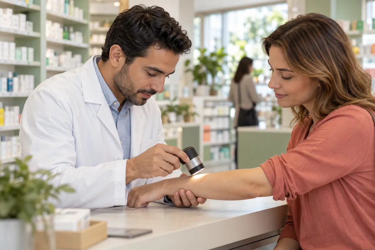 Illustration d’un échange entre une pharmacienne et un patient au sujet d’une observation de peau